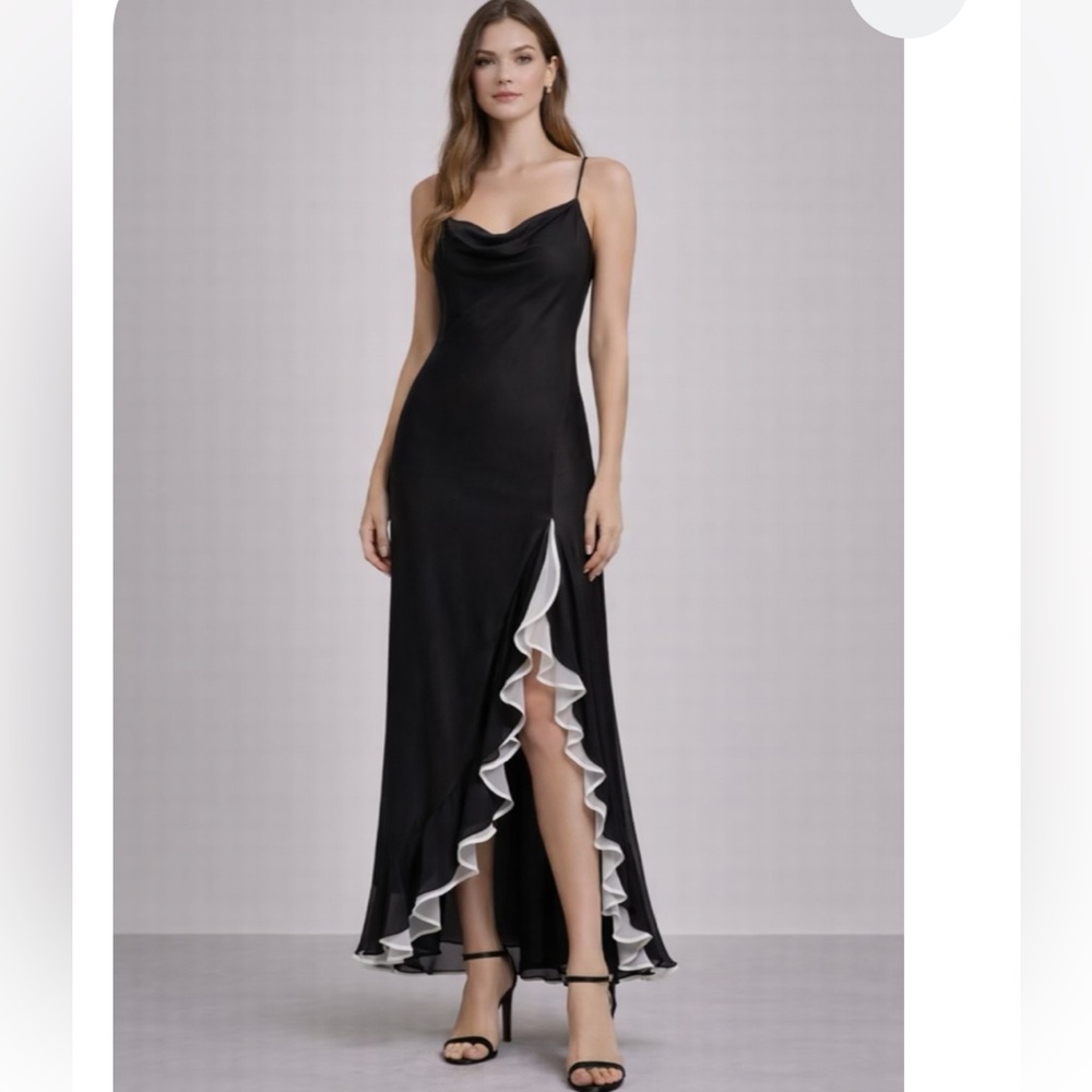 Bcbgmaxazria sleeveless maxi chiffon dress ruffled skirt black cream 10